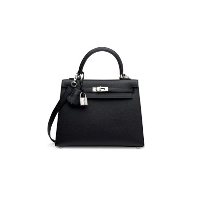 HERMÈS MASTER A BLACK EPSOM LEATHER SELLIER KELLY 25 WITH PALLADIUM HARDWARE (25*17*7cm)