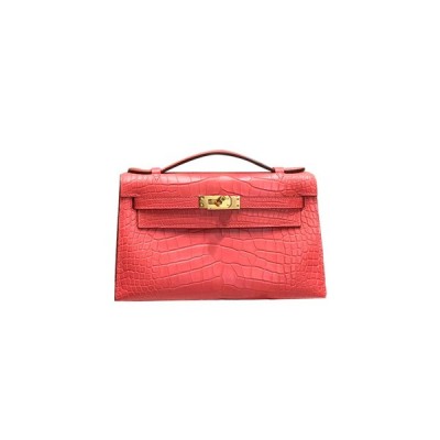 HERMÈS MASTER MINI KELLY BAG MATTE CROCODILE LEATHER CUCKOO RED GOLD BUCKLE (22*14*7cm)