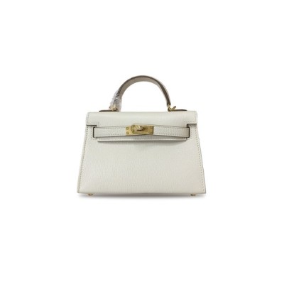 HERMÈS MASTER MINI KELLY II CHEVRE MUSHROOM WHITE GOLD BUCKLE (19*12*5.5cm)