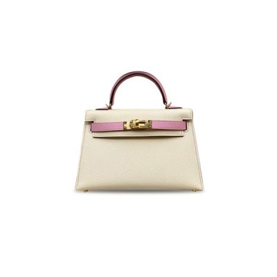 HERMÈS MASTER MINI KELLY II EPSOM CREAM WHITE MALLOW PURPLE GOLD BUCKLE (19*12*5.5cm)