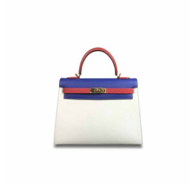HERMÈS KELLY 28 ELECTRIC BLUE WITH WHITE AND CHINESE RED GOLD BUCKLE (28*22*10cm)