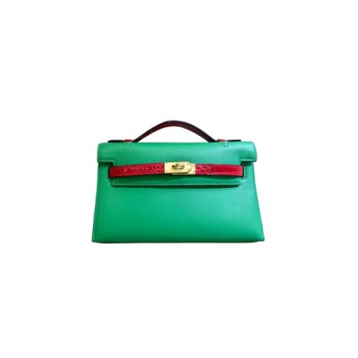 HERMES MASTER MINI KELLY SWIFT BAMBOO GREEN FERRARI RED CROCODILE SKIN (22*14*7cm)