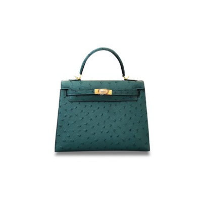 HERMÈS MASTER KELLY 25 OSTRICH LEATHER PEACOCK GREEN GOLD BUCKLE (25*17*7cm)