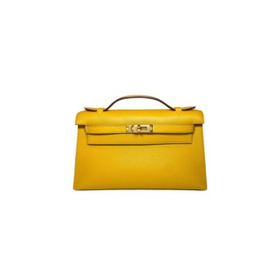 HERMÈS MASTER KELLY POCHETTE JAUNE AMBRE SWIFT GOLD HARDWARE (22*14*7cm)