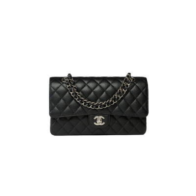 CHANEL MASTER CLASSIC FLAP MEDIUM BLACK COWHIDE CAVIAR SILVER BUCKLE (25.5*15.5*6.5cm)
