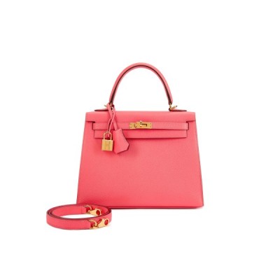HERMÈS MASTER ROSE AZALEE EPSOM KELLY 25 SELLIER GOLD HARDWARE (25*17*7cm)