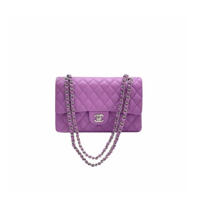 CHANEL CAVIAR QUILTED MEDIUM DOUBLE FLAP PURPLE SILVER BUCKLE (25.5*15.5*6.5cm)