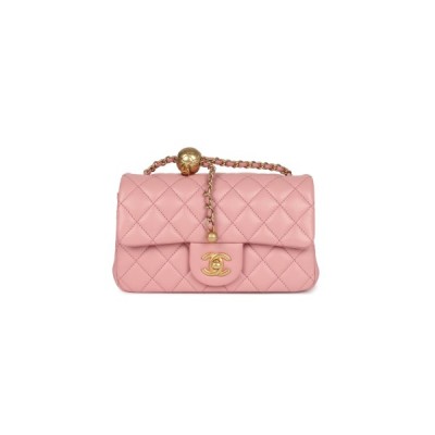 CHANEL MASTER LARGE MINI PEARL EMBOSSED RECTANGULAR FLAP DARK PINK LAMBSKIN BRUSHED GOLD HARDWARE (20*13*7cm)