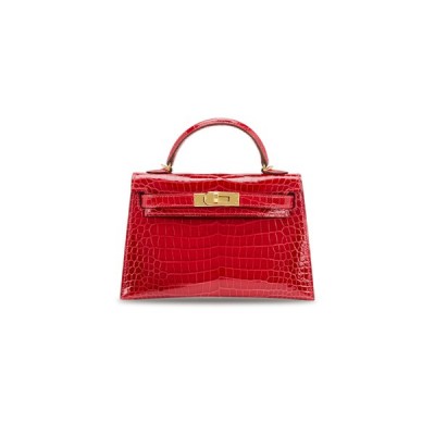 HERMÈS MASTER BRAISE SHINY POROSUS CROCODILE MINI KELLY II GOLD HARDWARE (19*12*5.5cm)