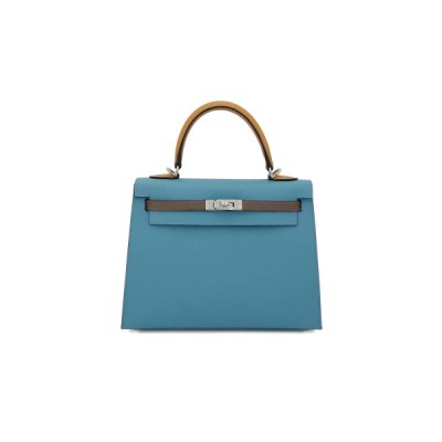 HERMÈS MASTER KELLY 25 BARK COLOR 2S SESAME DENIM BLUE EPSOM SILVER BUCKLE (25*17*7cm)
