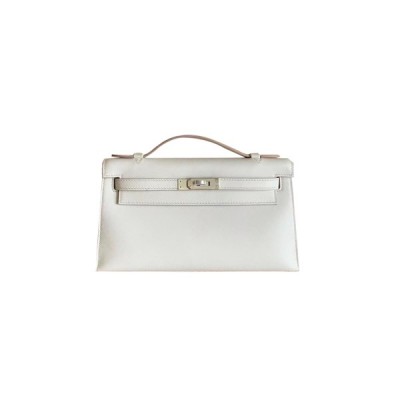 HERMÈS KELLY CLUTCH SWIFT M4 MILK GRAY SILVER (22*14*7cm)
