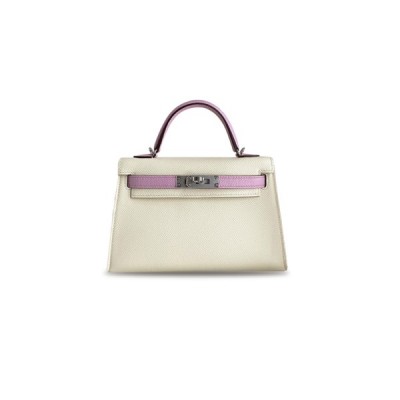 HERMÈS MASTER MINI KELLY II EPSOM CREAM WHITE WITH MALLOW PURPLE SILVER BUCKLE (19*12*5.5cm)