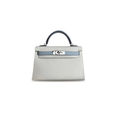 HERMÈS MASTER MINI KELLY II EPSOM DUAL COLOR COMBINATION MILKSHAKE WHITE AND GLACIER BLUE SILVER BUCKLE (19*12*5.5cm)