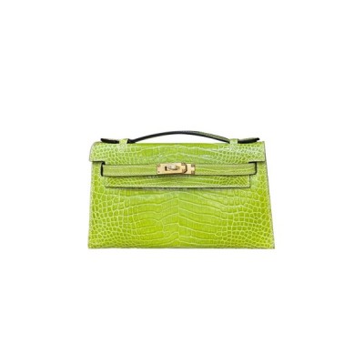 HERMÈS MASTER KELLY POCHETTE SHINY CROCODILE LEATHER COLOR KIWI GREEN GOLD BUCKLE (22*14*7cm)
