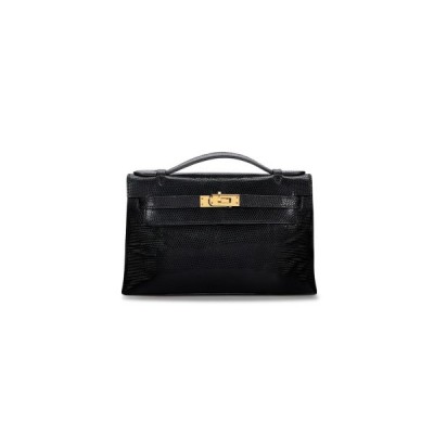 HERMÈS MASTER  BLACK SHINY NILOTICUS LIZARD KELLY POCHETTE GOLD HARDWARE (22*14*7cm)