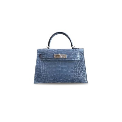 HERMÈS MASTER MINI KELLY II 75 BLUE JEAN ALLIGATOR SHINY CROCODILE (19*12*5.5cm)