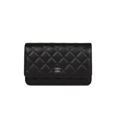 CHANEL WALLET ON CHAIN WOC BLACK LAMBSKIN SILVER HARDWARE (19*12*4cm)