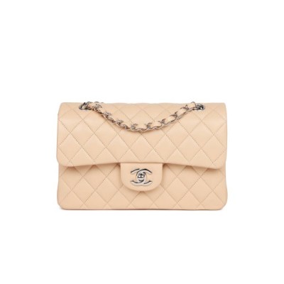 CHANEL SMALL CLASSIC DOUBLE FLAP BEIGE LAMBSKIN SILVER HARDWARE (23*13*6cm)