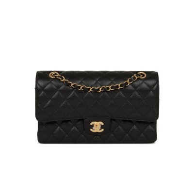 CHANEL MEDIUM CLASSIC DOUBLE FLAP BAG BLACK QUILTED CAVIAR GOLD HARDWARE (25*15*7cm)