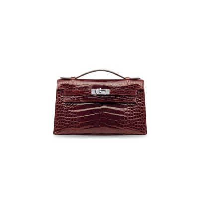 HERMÈS MASTER A SHINY ALLIGATOR KELLY POCHETTE WITH PALLADIUM HARDWARE (22*14*7cm)