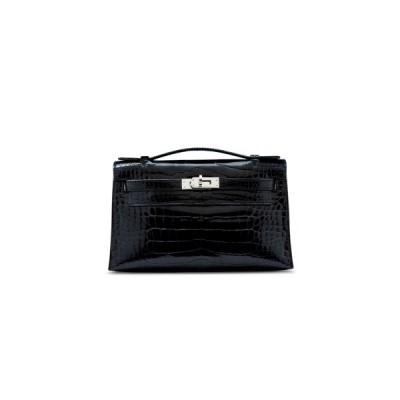 HERMÈS MASTER BLACK ALLIGATOR KELLY POCHETTE WITH PALLADIUM HARDWARE (22*14*7cm)