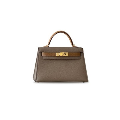 HERMÈS MINI KELLY II EPSOM THREE-COLOR ELEPHANT GRAY AND BISCUIT COLOR CHESTNUT COLOR (19*12*5.5cm)
