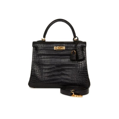 HERMÈS MASTER KELLY RETOURNE 25 BLACK MATTE ALLIGATOR GOLD HARDWARE (25*20*13cm)