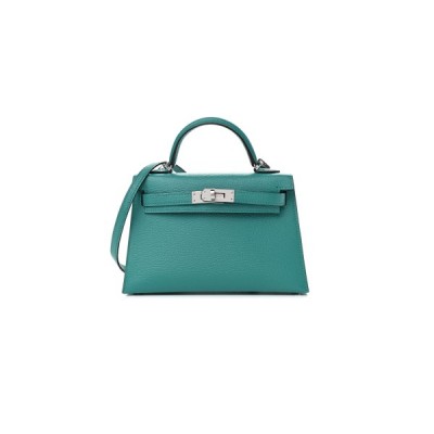 HERMÈS CHEVRE MINI KELLY II SELLIER VERT VERONE BLEU ZANZIBAR (19*12*5.5cm)