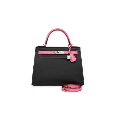 HERMÈS MASTER KELLY 25 BLACK AND ROSE AZALEE EPSOM HARDWARE (25*17*7cm)