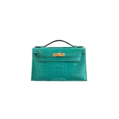 HERMÈS MASTER MINI KELLY CLUTCH SHINY NILOTICUS IMPERIAL GREEN GOLD BUCKLE (22*14*7cm)