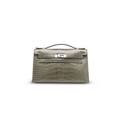 HERMÈS MASTER A SHINY ALLIGATOR KELLY POCHETTE WITH PALLADIUM HARDWARE (22*14*7cm)