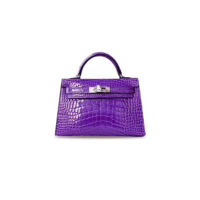 HERMÈS MASTER MINI KELLY II GLOSSY CROCODILE LEATHER EXTREME PURPLE FANTASY PURPLE SILVER BUCKLE (19*12*5.5cm)