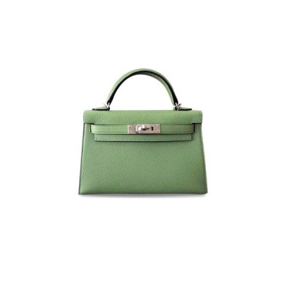 HERMÈS MINI KELLY II EPSOM AVOCADO GREEN SILVER BUCKLE (19*12*5.5cm)