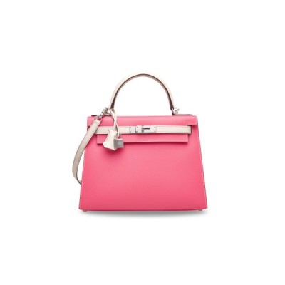 HERMÈS MASTER ROSE AZALÉE &amp; CRAIE EPSOM LEATHER SELLIER KELLY 25 WITH BRUSHED PALLADIUM HARDWARE (25*17*7cm)