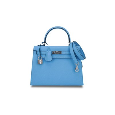 HERMÈS MASTER KELLY SELLIER 25 BAG BLUE CELESTE PALLADIUM EPSOM LEATHER (25*17*7cm)