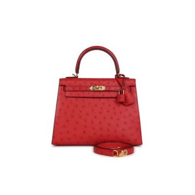 HERMÈS MASTER KELLY SELLIER 28 ROUGE VIF VERSO OSTRICH GOLD HARDWARE (28*22*10cm)