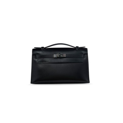 HERMÈS BLACK BOX LEATHER SO BLACK KELLY POCHETTE WITH PVD HARDWARE (22*14*7cm)