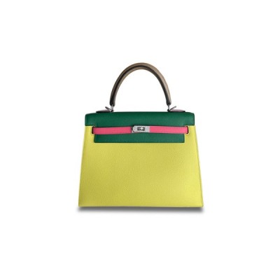 HERMÈS KELLY 25 LEMON YELLOW WITH CACTUS GREEN EPSOM DIAMOND BUCKLE (25*17*7cm)