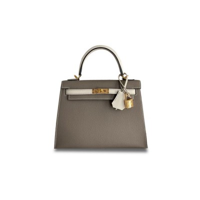 HERMÈS KELLY SELLIER 25 BICOLOR BAG IN TAUPE AND CRAIE EPSOM (25*17*7cm)