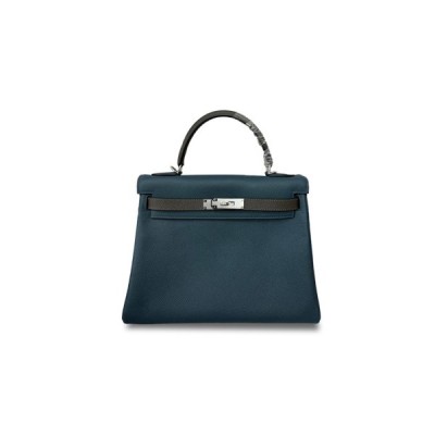 HERMÈS MASTER KELLY 28 EPSOM DUCK BASKET PEWTER GRAY SILVER BUCKLE (28*22*10cm)