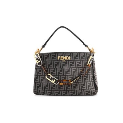 FENDI CHENILLE VITELLO SETA PLEXIGLASS FF FENDI O&amp;#X27;LOCK ZIPPER ANTHRACITE ASFALTO (34*23*13cm)