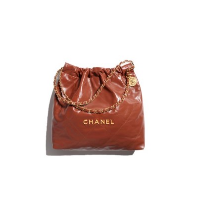 CHANEL MASTER 22 HANDBAG SHINY CALFSKIN &amp; GOLD-TONE METAL BROWN AS3261  (42*39*8cm)