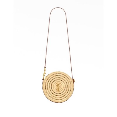 YSL RAFFIA AND LEATHER ROUND BAG NATURAL AND BRICK 744292GAADQ (21*21*4cm)