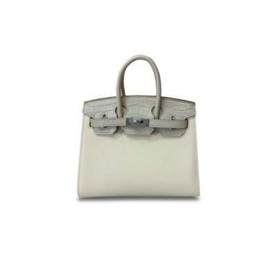 HERMÈS MASTER BIRKIN 20 CROCODILE AND CALF LEATHER MILKSHAKE WHITE GLACIER WHITE SILVER BUCKLE H076210CK06 (20*16*11cm)