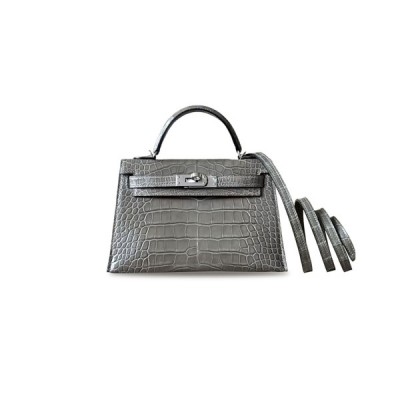 HERMÈS MASTER MINI KELLY II CRYSTAL GRAY CROCODILE LEATHER SILVER BUCKLE (19*12*5.5cm)