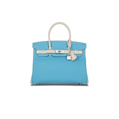 HERMES MASTER BIRKIN 25 TOGO LEATHER NORTHERN BLUE AND MILKSHAKE WHITE SILVER BUCKLE HANDBAG 2161400178398 (25*20*13cm)