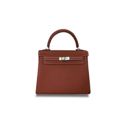 HERMÈS KELLY 25 TOGO MAPLE LEAF BROWN SILVER BUCKLE (25*17*7cm)
