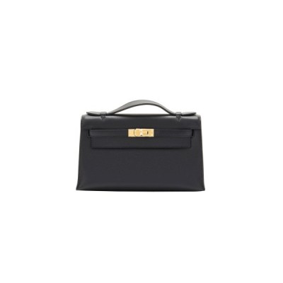 HERMÈS KELLY POCHETTE BLACK GOLD HARDWARE CLUTCH CUT BAG SWIFT (22*14*7cm)