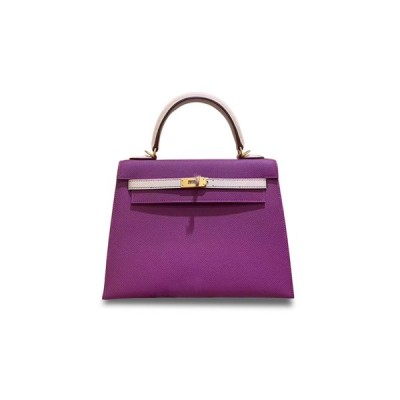 HERMÈS MASTER KELLY 25 EPSOM DUAL COLOR ANEMONE PURPLE MILKSHAKE WHITE (25*17*7cm)