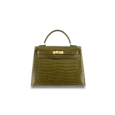 HERMÈS MASTER KELLY 28 SHINY NILE CROCODILE OLIVE GREEN GOLD BUCKLE (28*22*10cm)